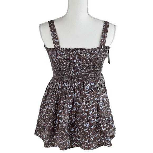 Rungolee Tahiti Floral Smocked Silk Top Blue Coffee Sleeveless Boho op NEW Sz S - Picture 1 of 16